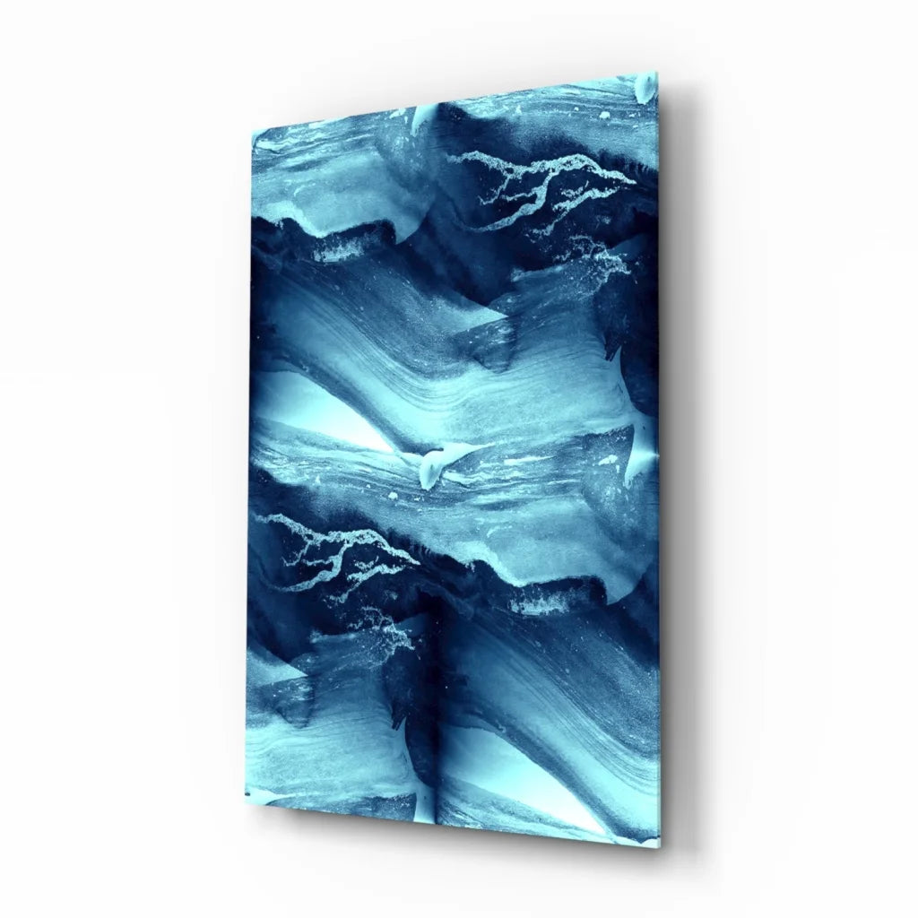 Stunning blue abstract glass wall art with textured marble design
