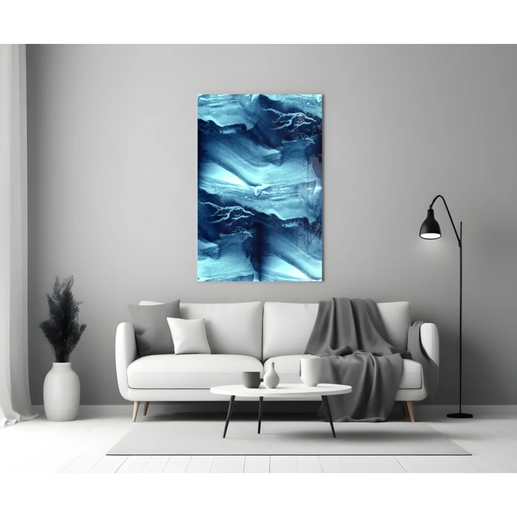 Stunning blue abstract glass wall art with textured marble design