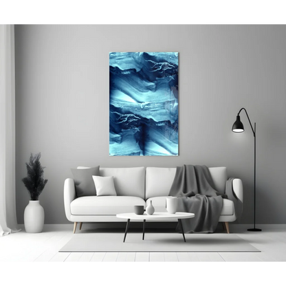 Stunning blue abstract glass wall art with textured marble design