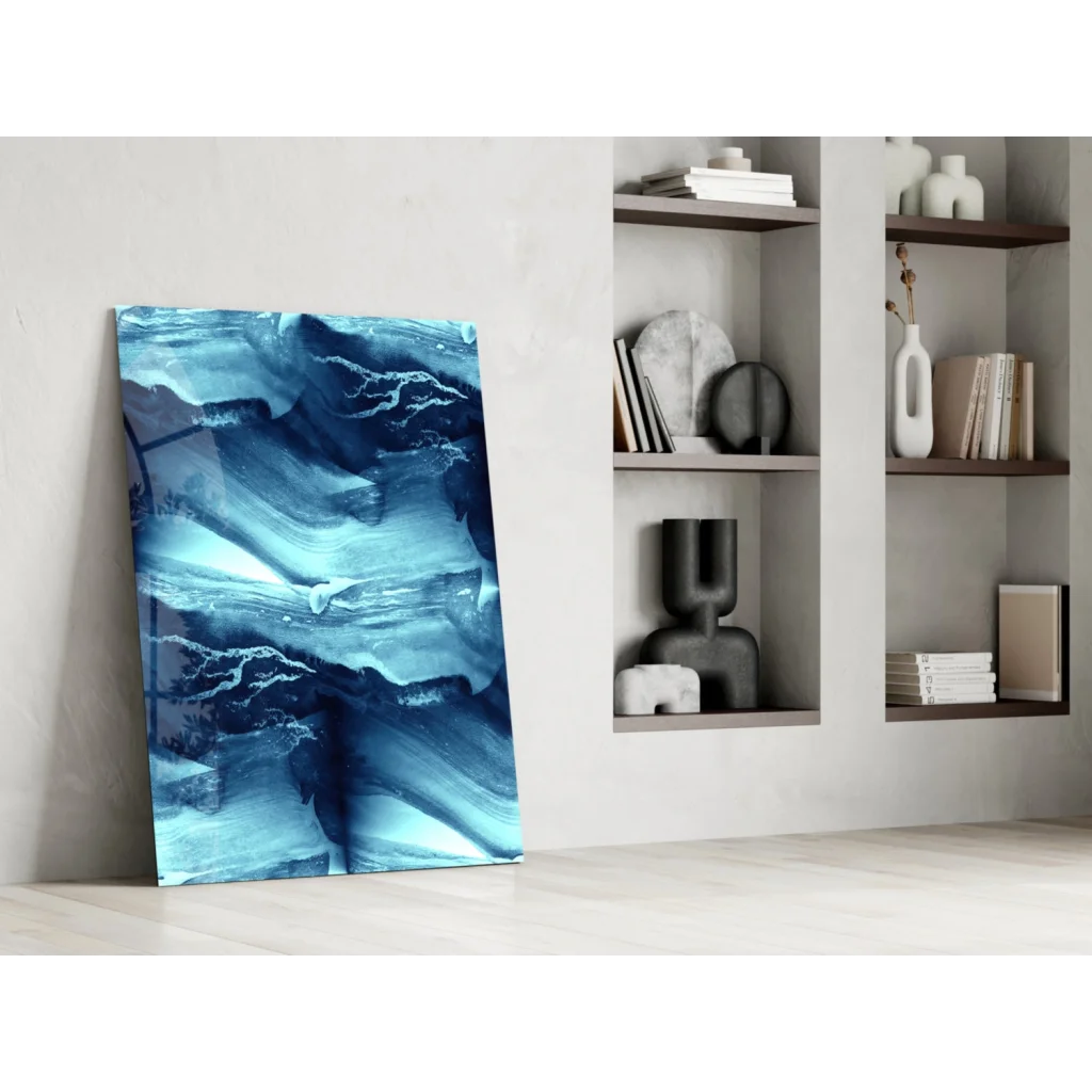 Stunning blue abstract glass wall art with swirling textured marble design