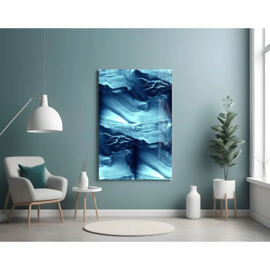 Stunning blue abstract glass wall art with textured marble waves