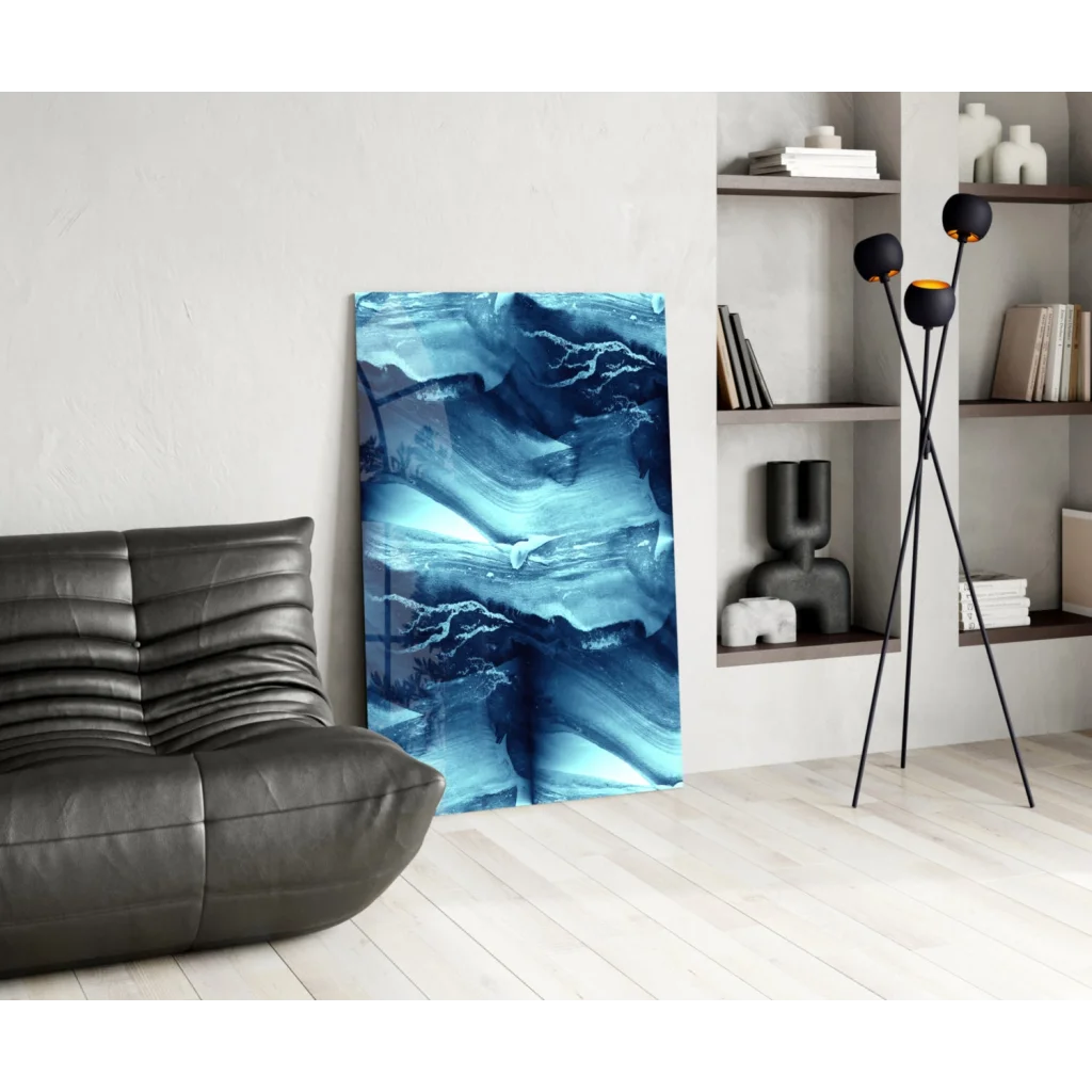 Stunning blue abstract glass wall art with textured marble wave design