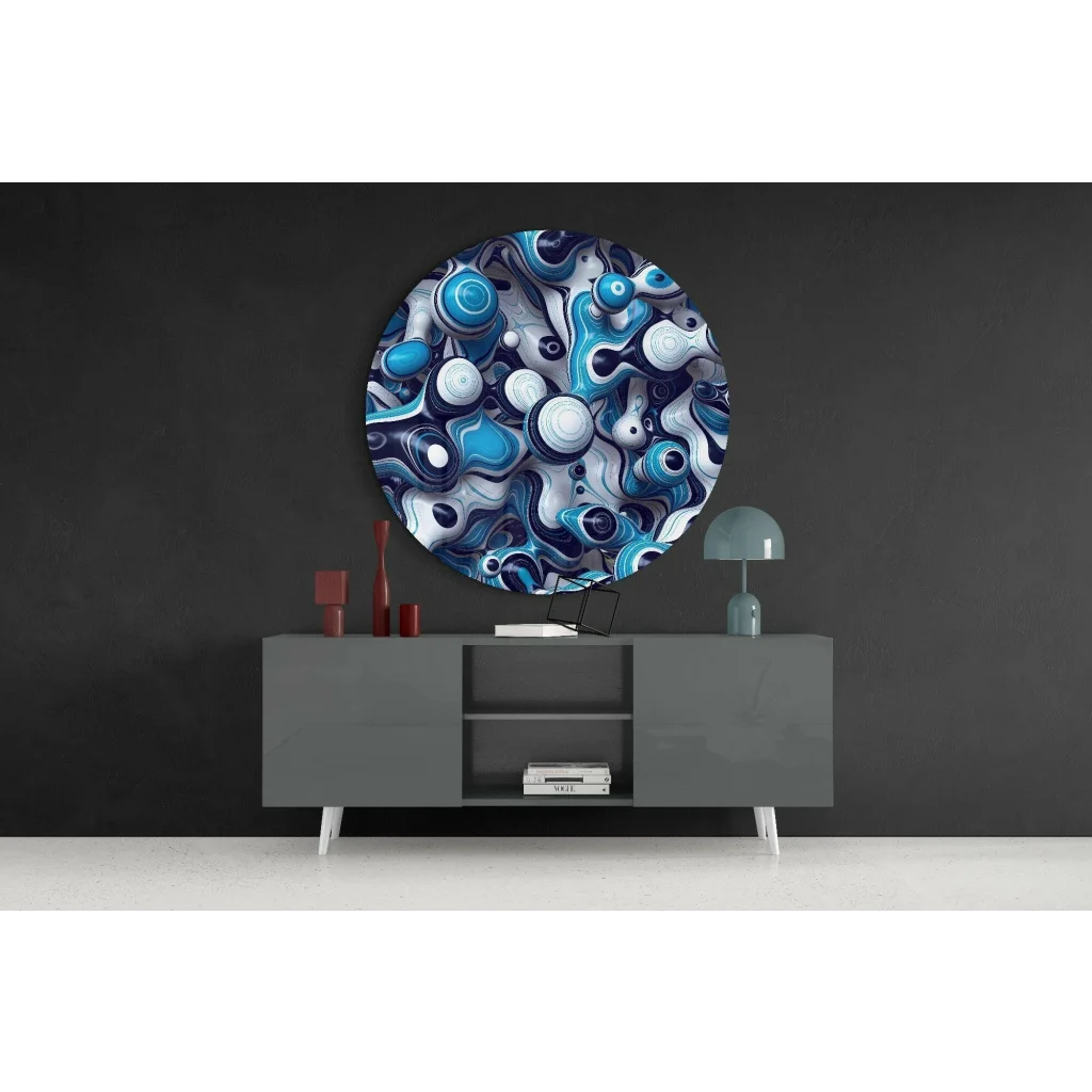Round blue white abstract tempered glass art wall decor glossy finish