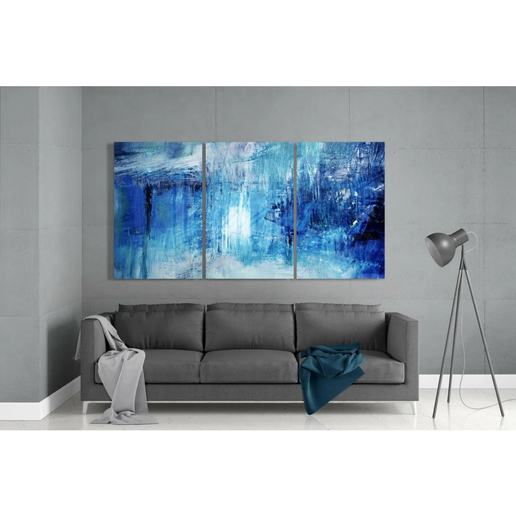 Stunning blue abstract triptych wall art with textured brushstrokes