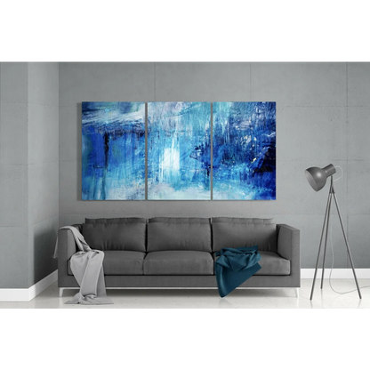 Stunning blue abstract triptych wall art with textured brushstrokes
