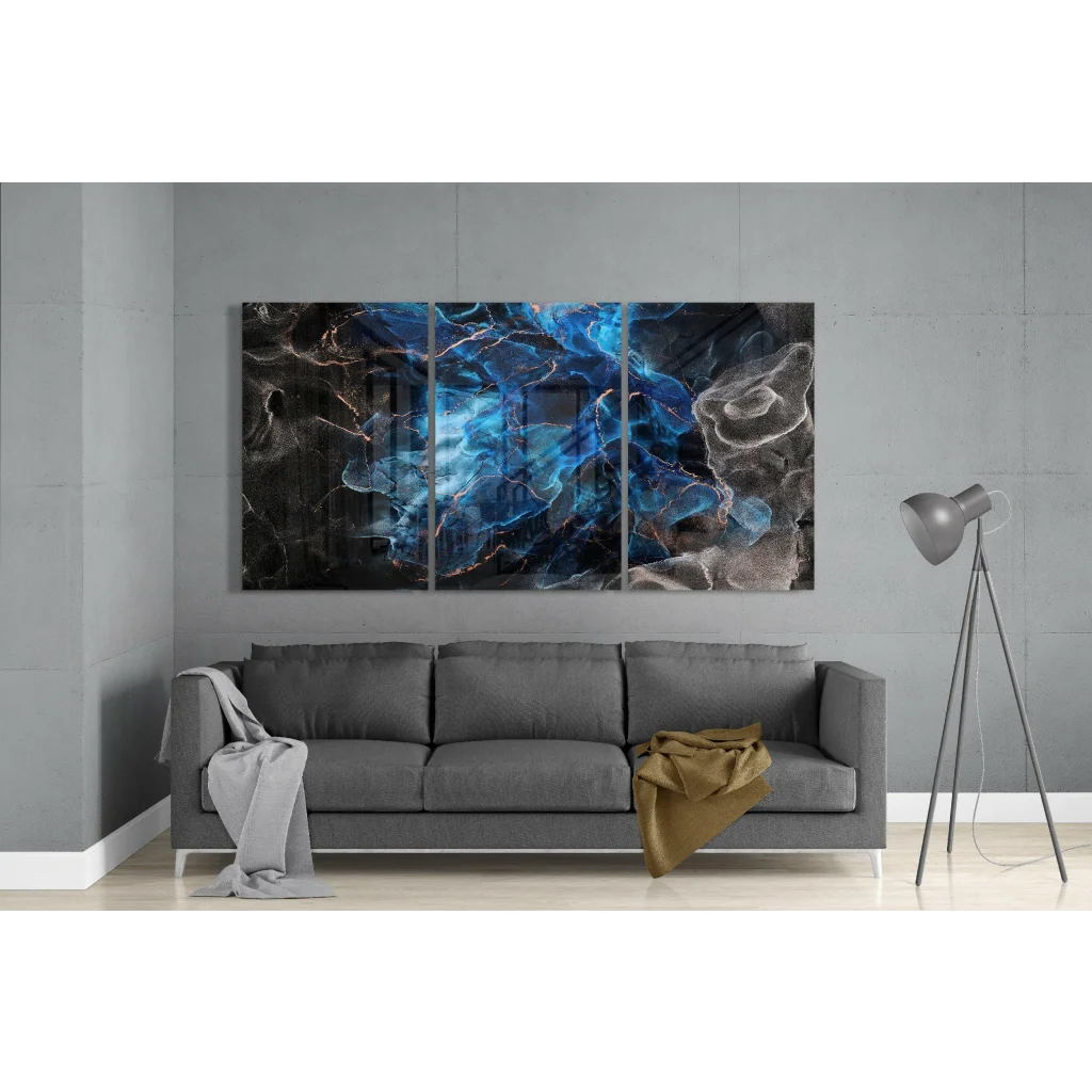 Stunning blue abstract wall art on canvas with metallic swirls