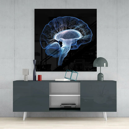 Stunning blue brain glass wall art with silver frame on black background