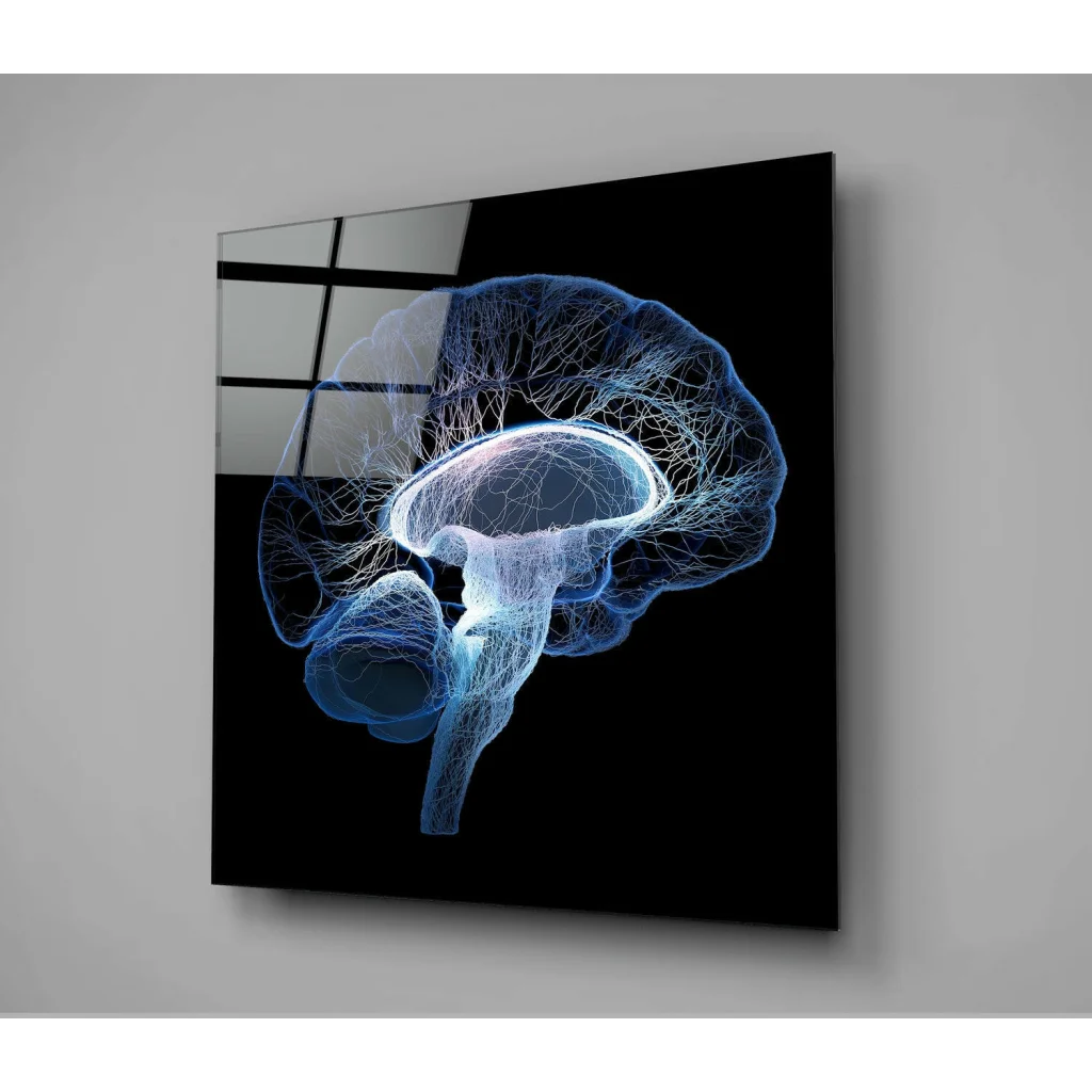 Stunning blue brain glass wall art with silver frame on black background