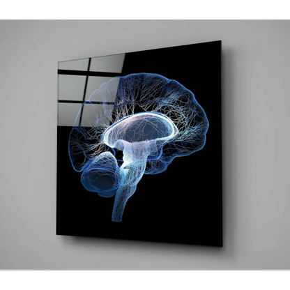 Stunning blue brain glass wall art with silver frame on black background