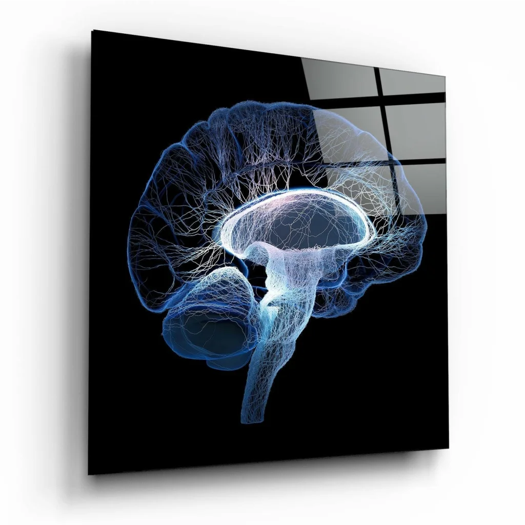 Stunning blue brain glass wall art with silver frame on black background