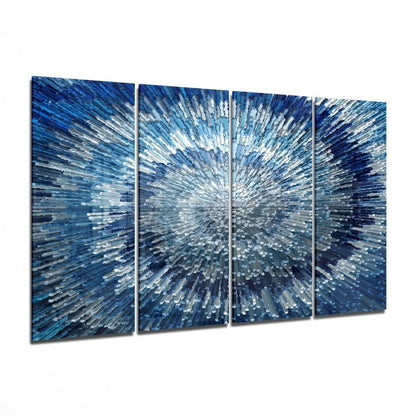 Stunning blue burst glass wall art with radial textured strokes