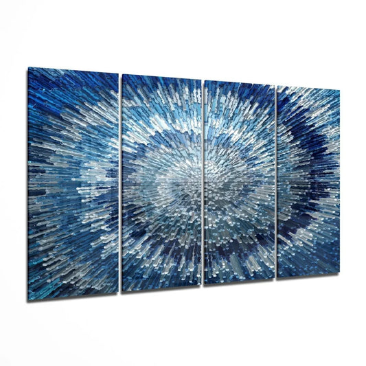 Stunning blue burst glass wall art with radial textured strokes