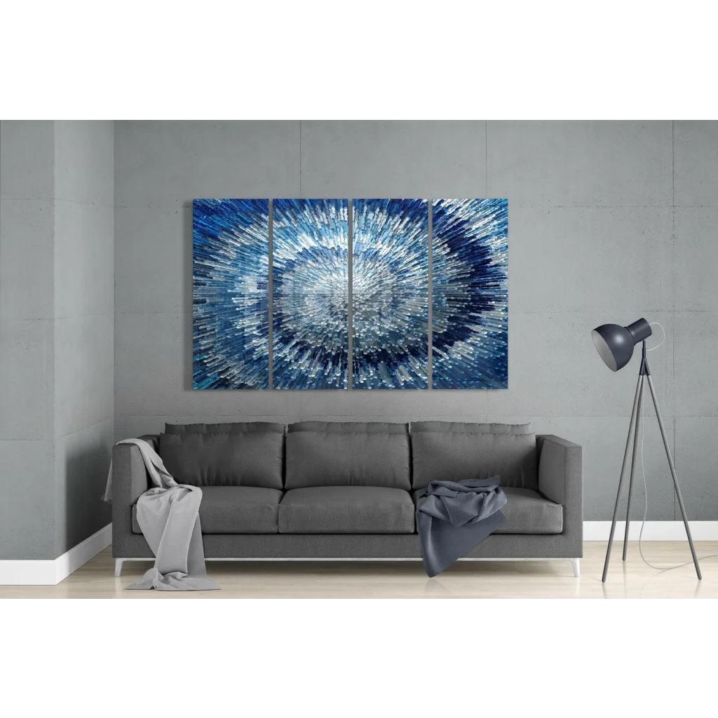 Stunning blue burst glass wall art multi-panel canvas with radial design
