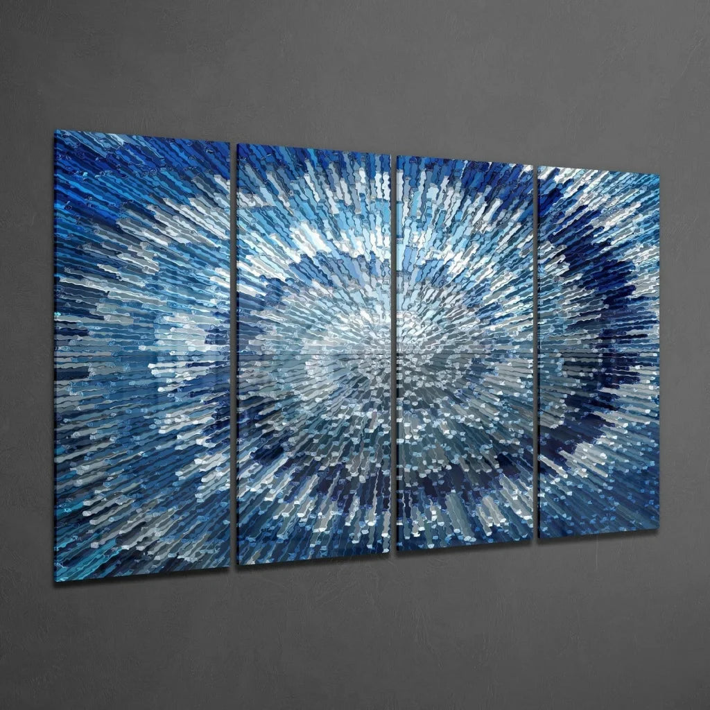 Stunning blue burst glass wall art with radial design on 4 panels