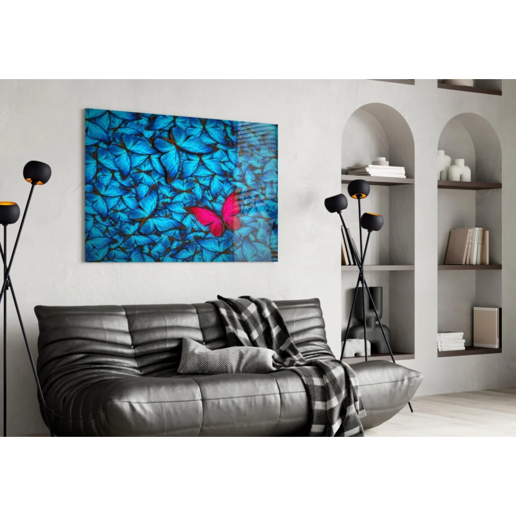 Stunning blue butterfly wall art with pink accents, modern abstract design