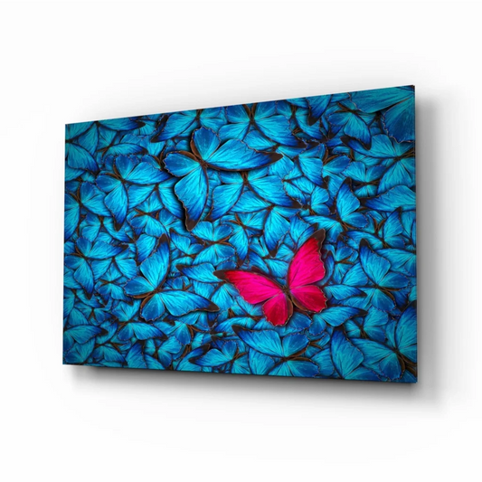 Pink butterfly canvas wall art with blue butterflies background