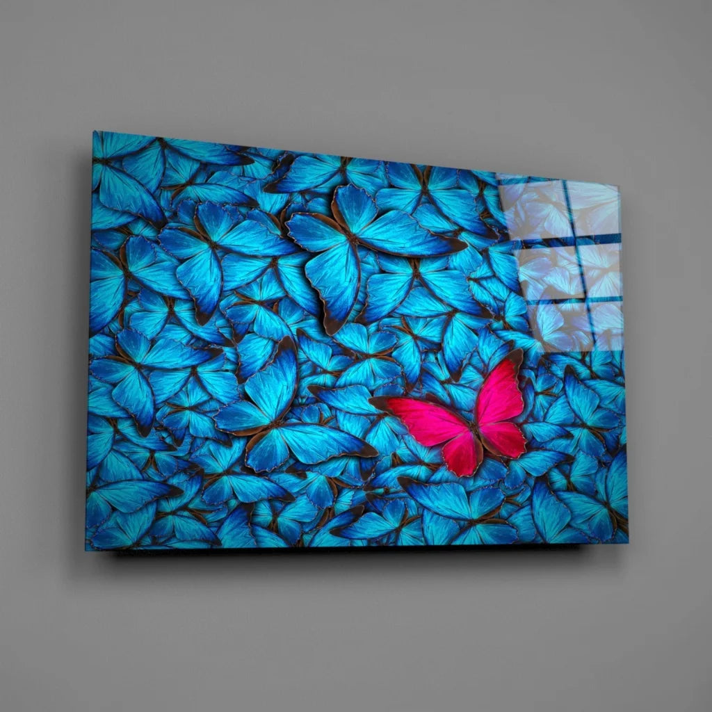 Stunning blue butterfly wall art canvas print with pink accent