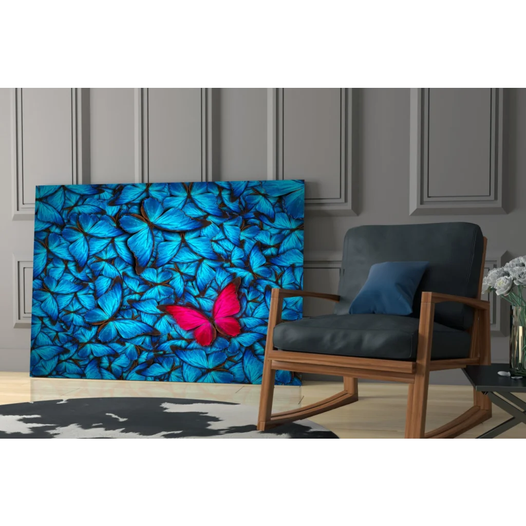 Stunning blue butterfly glass wall art with pink accents