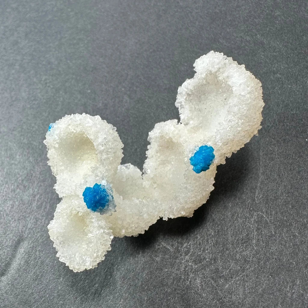 Whimsical sugar creature with blue candy eyes on Cavansite balls