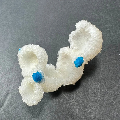 Whimsical sugar creature with blue candy eyes on Cavansite balls