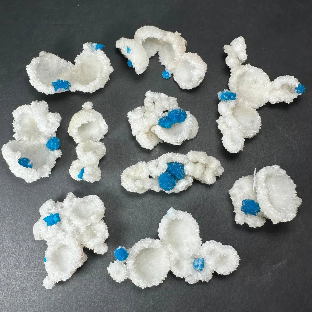 Stunning blue Cavansite balls on white Stilbite crystals from India