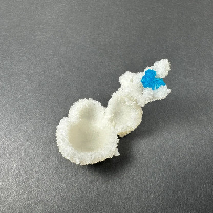 Whimsical white sugar creature with blue cavansite flower on stilbite
