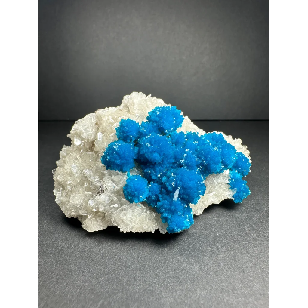 Vibrant blue copper sulfate crystals on white quartz cluster from India