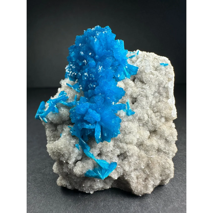 Vibrant blue cavansite crystal cluster from India on gray rock