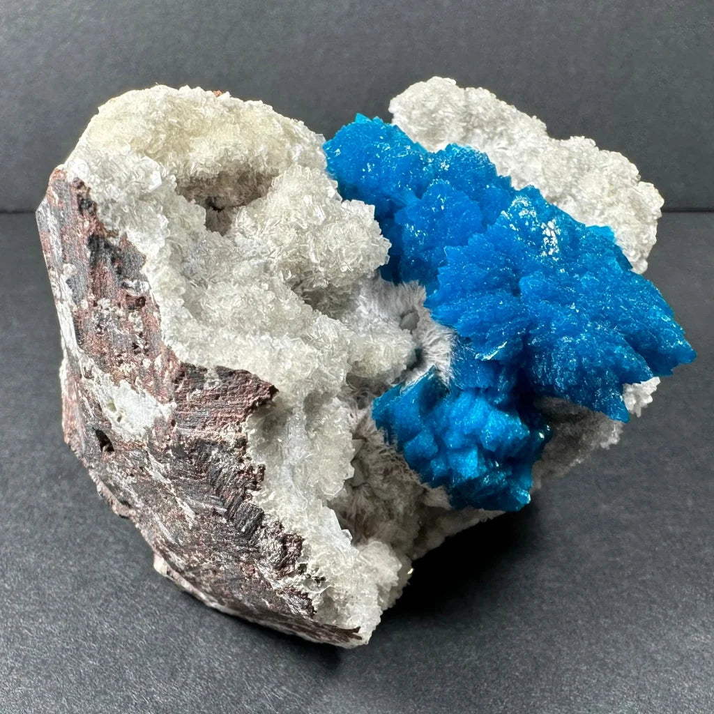 Stunning blue cavansite crystal cluster on white quartz from India