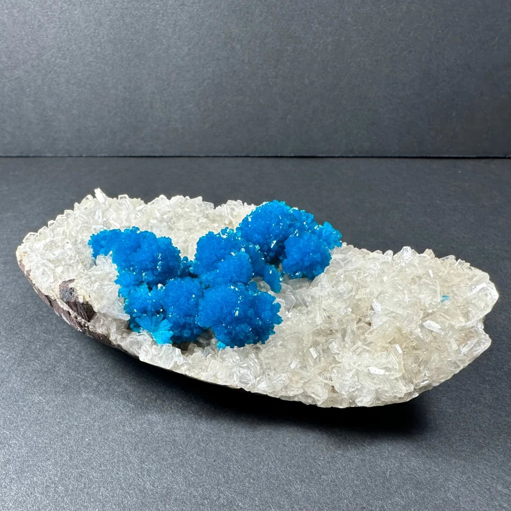 Vibrant blue copper sulfate crystals in quartz geode cluster from Pune, India