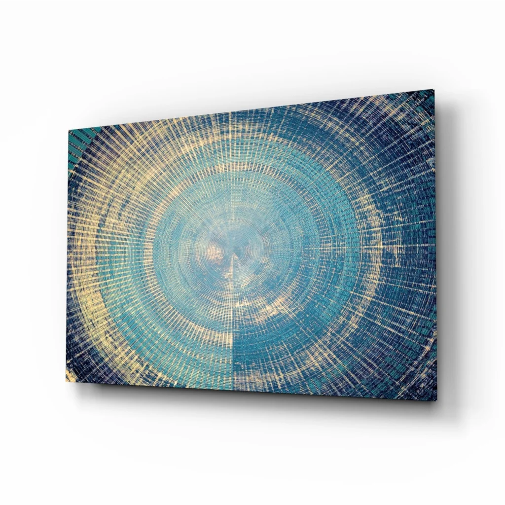 Stunning blue and yellow circle wall art with gold accents on canvas