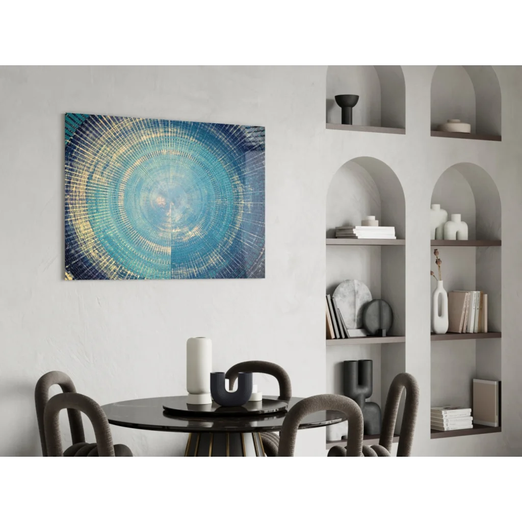 Stunning blue circle canvas wall art with gold accents and geometric patterns
