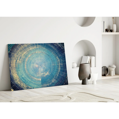 Stunning blue circular canvas wall art with gold accents