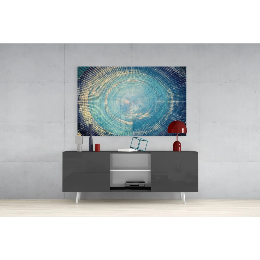 Modern gray lacquered TV stand with white legs and open compartments under stunning blue circle wall art