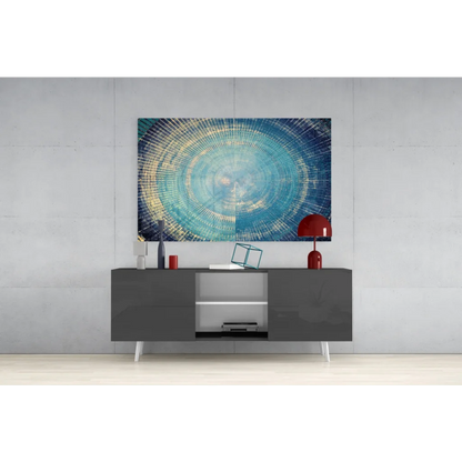 Modern gray lacquered TV stand with white legs and open compartments under stunning blue circle wall art