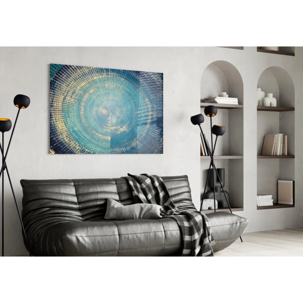 Stunning blue circle canvas wall art with gold metallic accents
