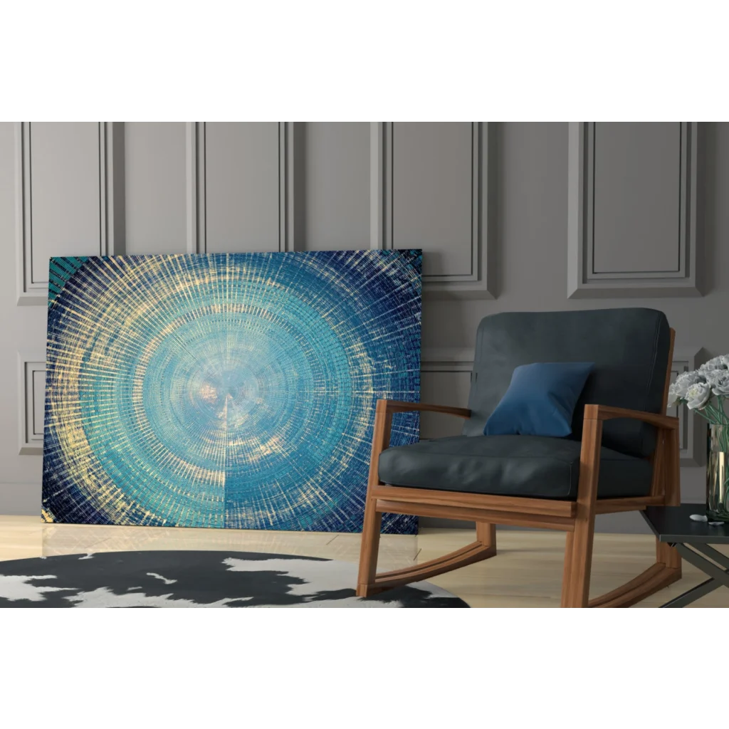 Stunning blue circle canvas wall art with gold accents and yellow details