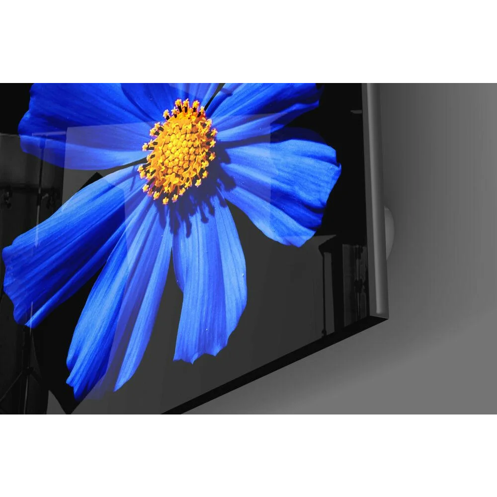 Vibrant blue cosmos glass wall art with golden center on TV