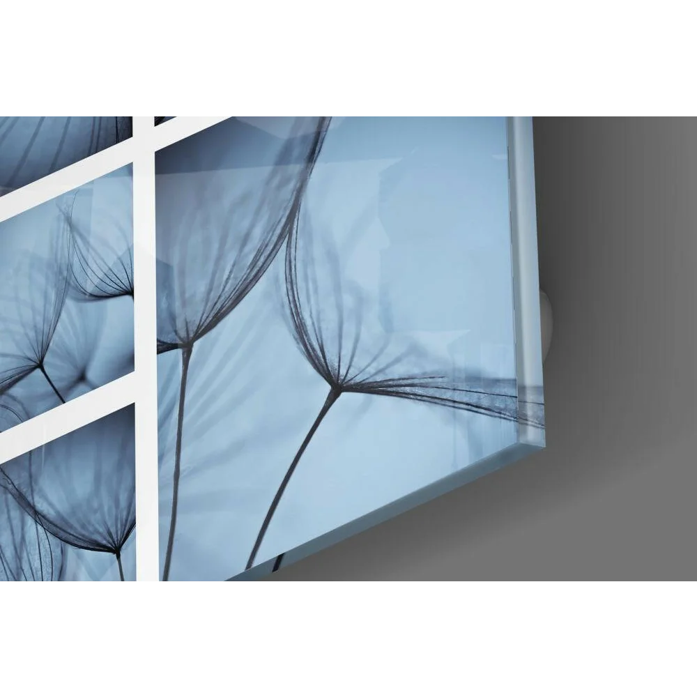 Sleek blue glass wall art panel with dandelion silhouette