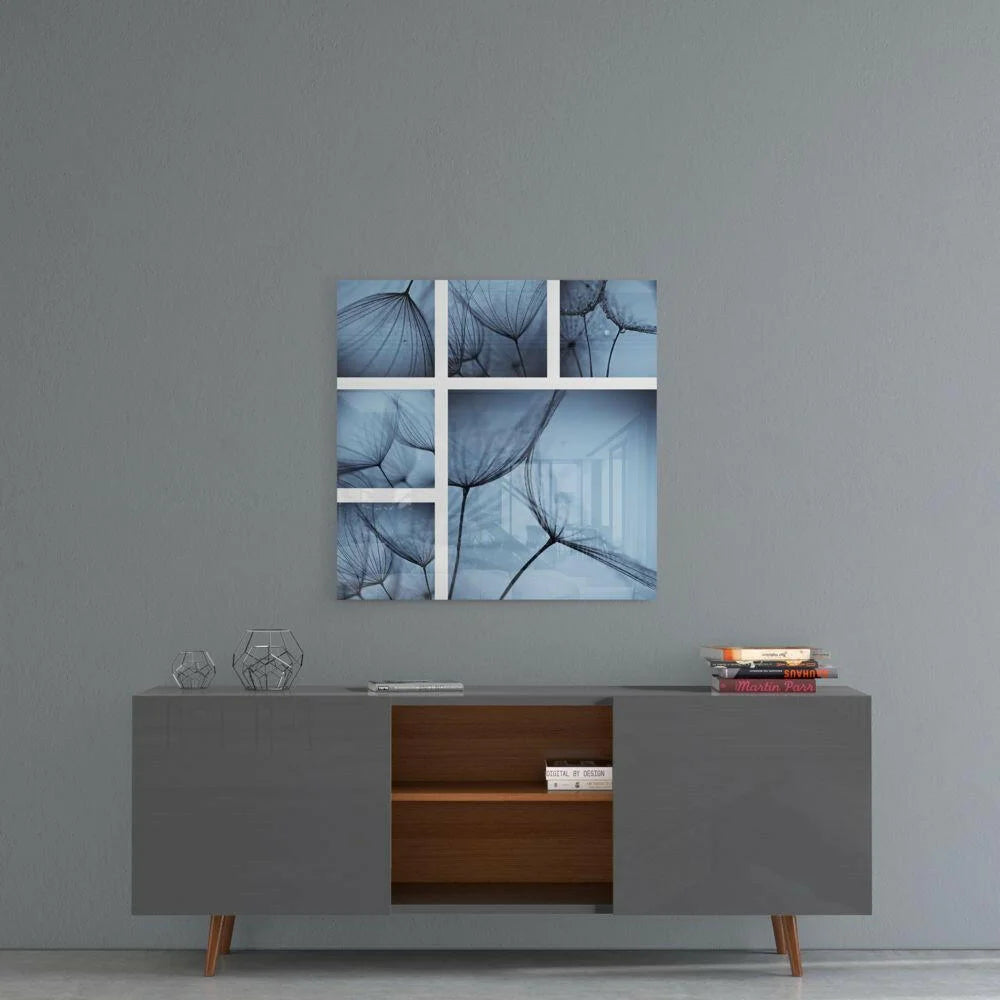 Stunning blue dandelion glass wall art panel with abstract floral tones