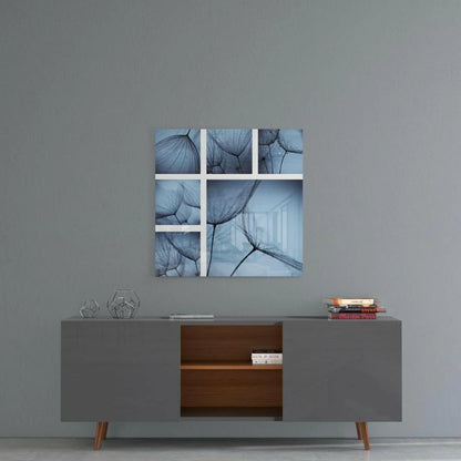 Stunning blue dandelion glass wall art panel with abstract floral tones