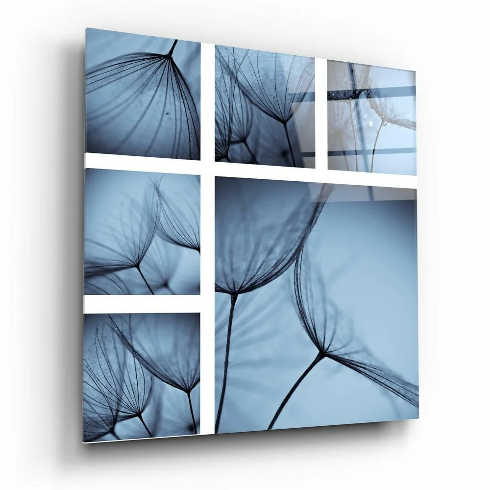 Stunning blue dandelion glass wall art panel collage