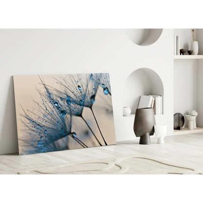Stunning blue dandelion glass wall art with sparkling droplets