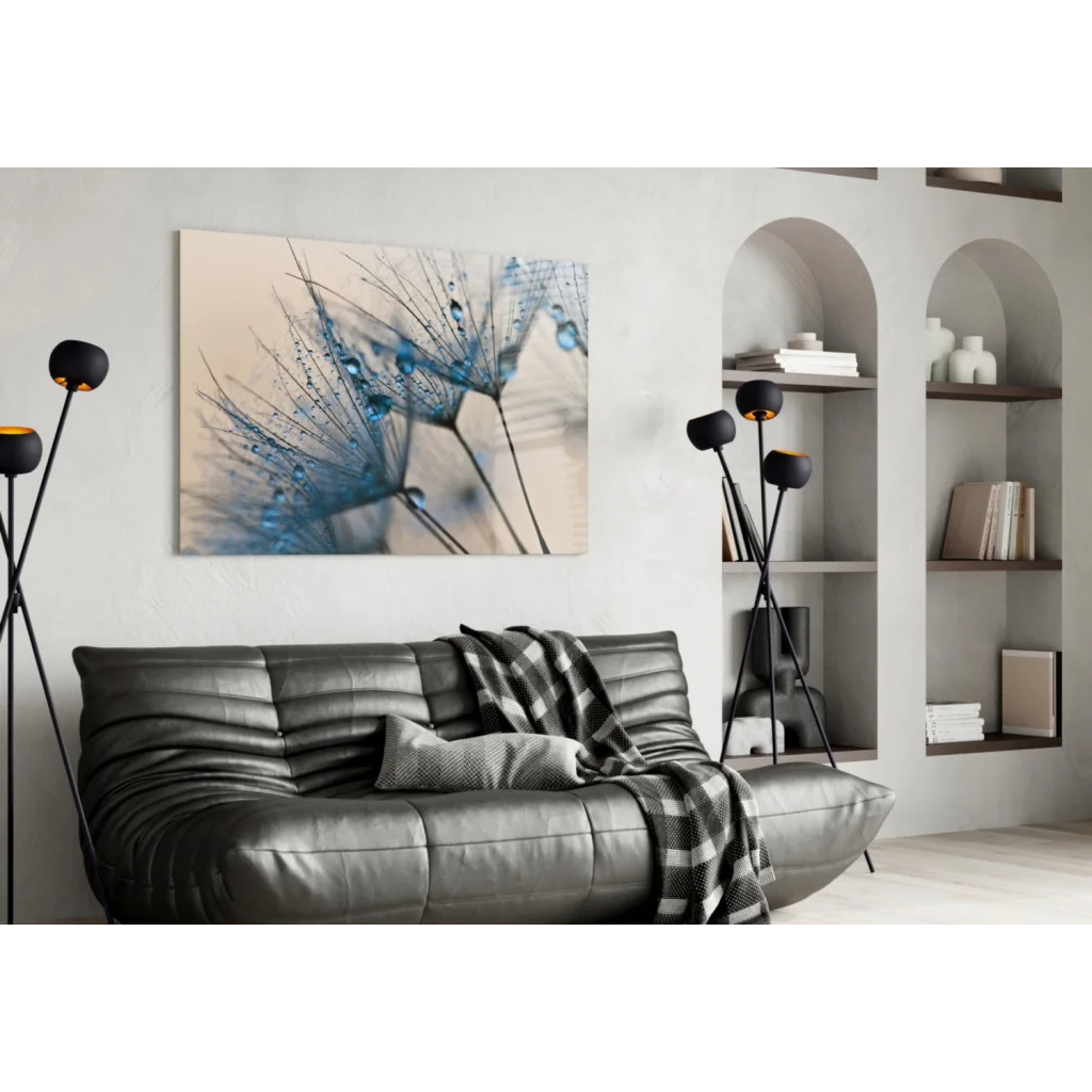 Stunning blue dandelion glass wall art with sparkling droplets