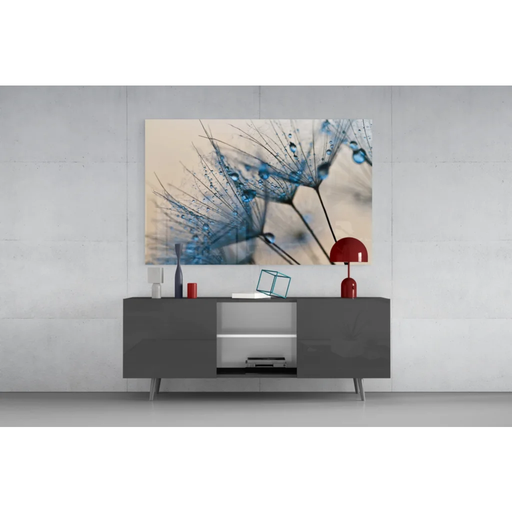 Stunning blue dandelion glass wall art with sparkling droplets