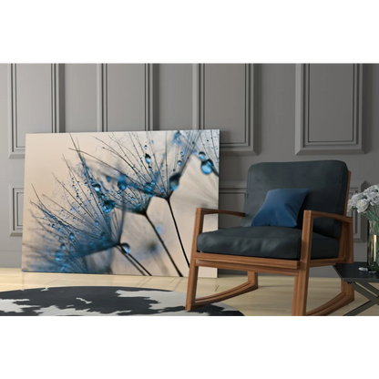 Stunning blue dandelion glass wall art with sparkling droplets