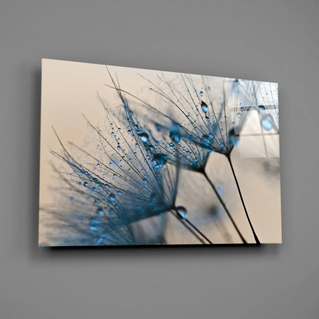 Stunning blue dandelion glass wall art with sparkling droplets