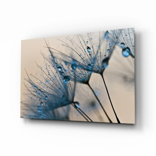 Stunning blue dandelion glass wall art with sparkling droplets
