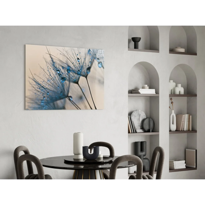 Stunning blue dandelion glass wall art with sparkling droplets
