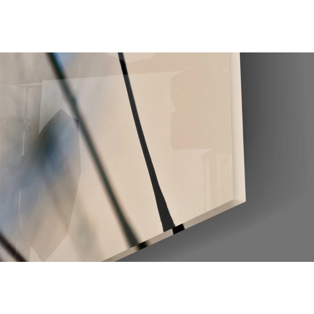 Stunning blue dandelion glass wall art with sparkling droplets and abstract geometric lines